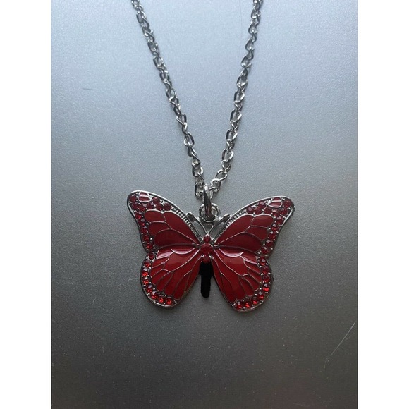 Silver Red Crystal Rhinestone Cubic Zirconia CZ Gemstone Butterfly Necklace - Picture 5 of 5
